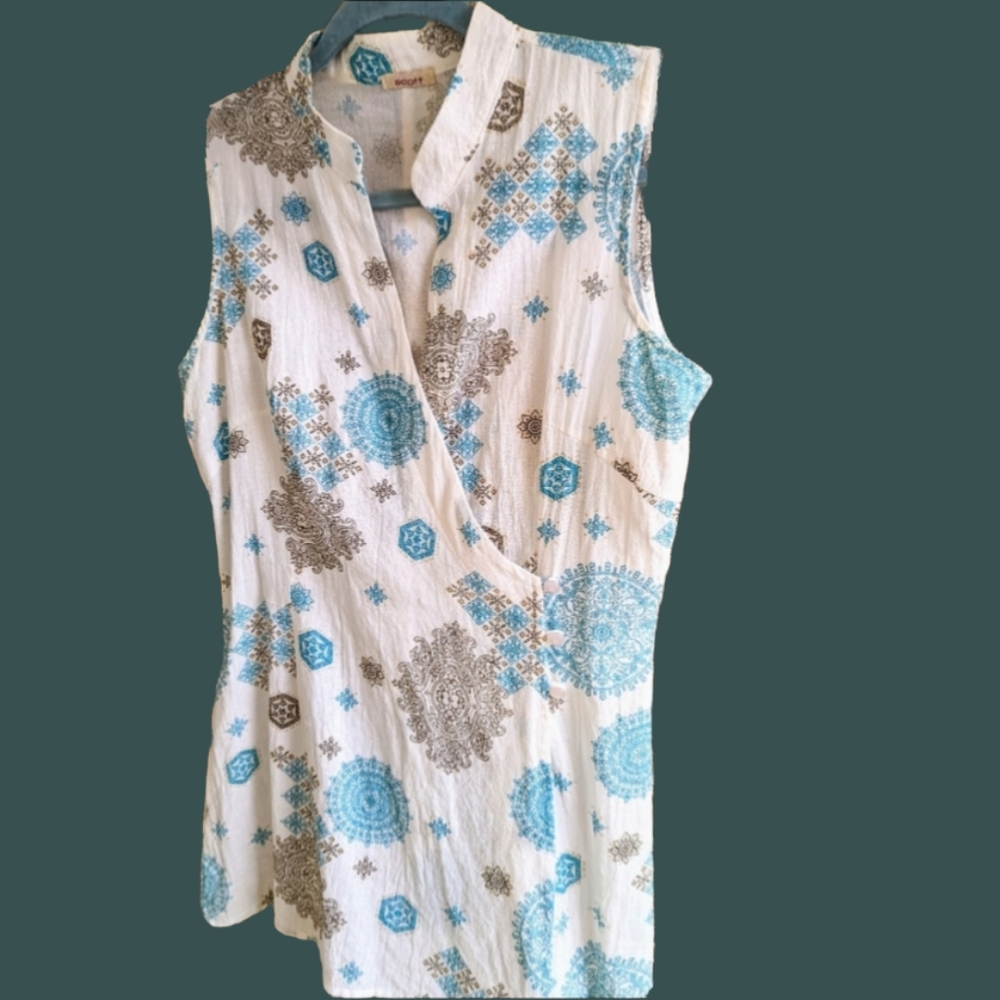 Vintage Linen Wrap Tunic Shirt Sleeveless Top White Turquoise Brown Print
